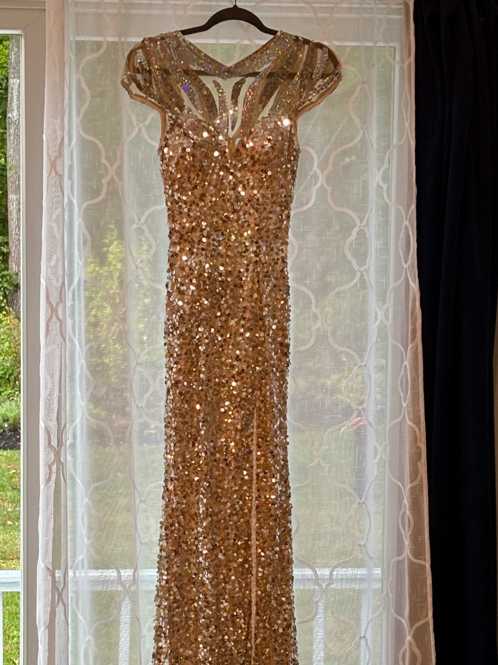Precious Formals Elegant Gold Sequin Evening Dress with Illusion Neckline
